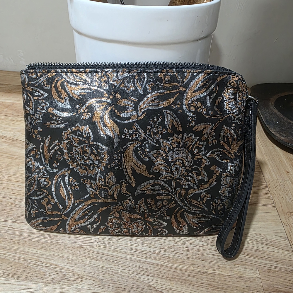 Floral Black and Gold Wristlet